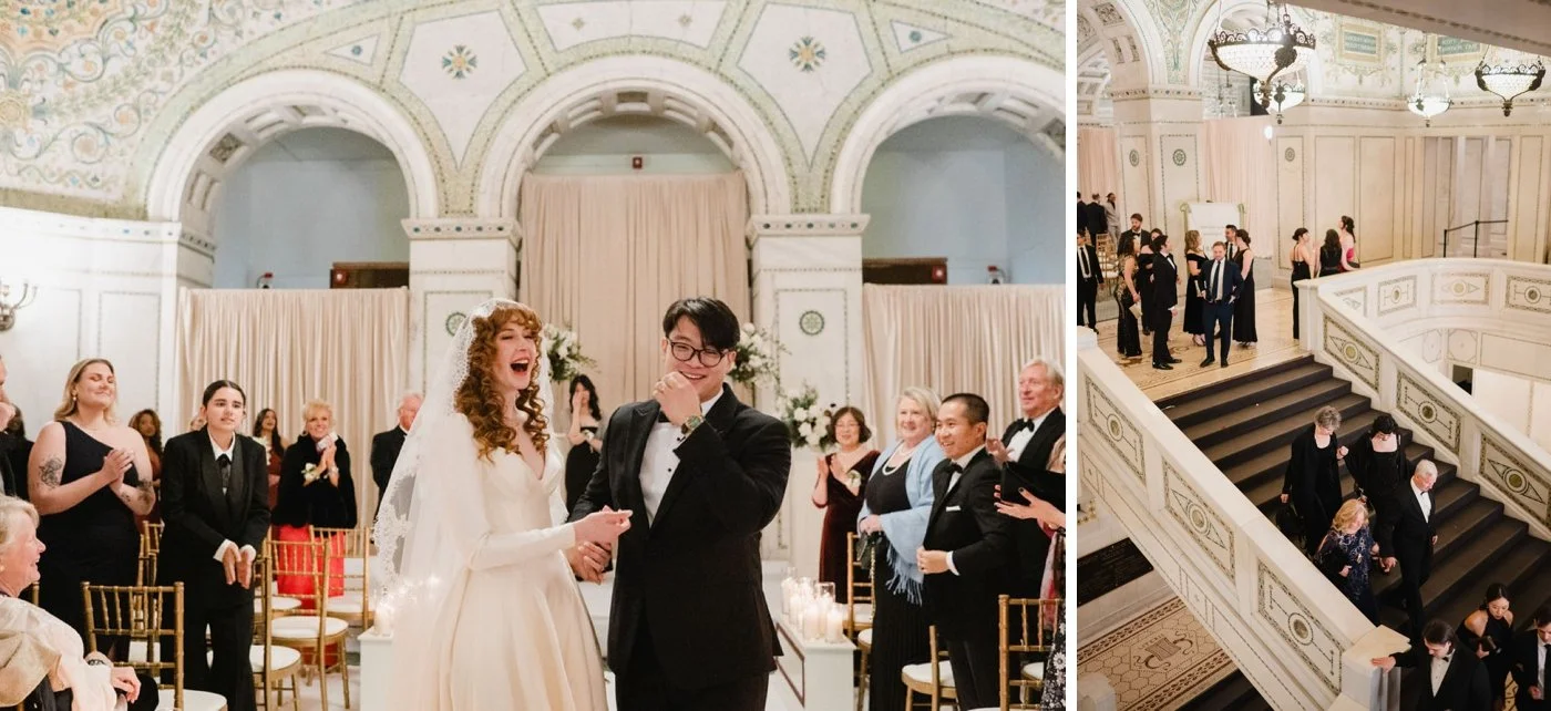 Wedding guests on the staircase at the Chicago Cultural Center