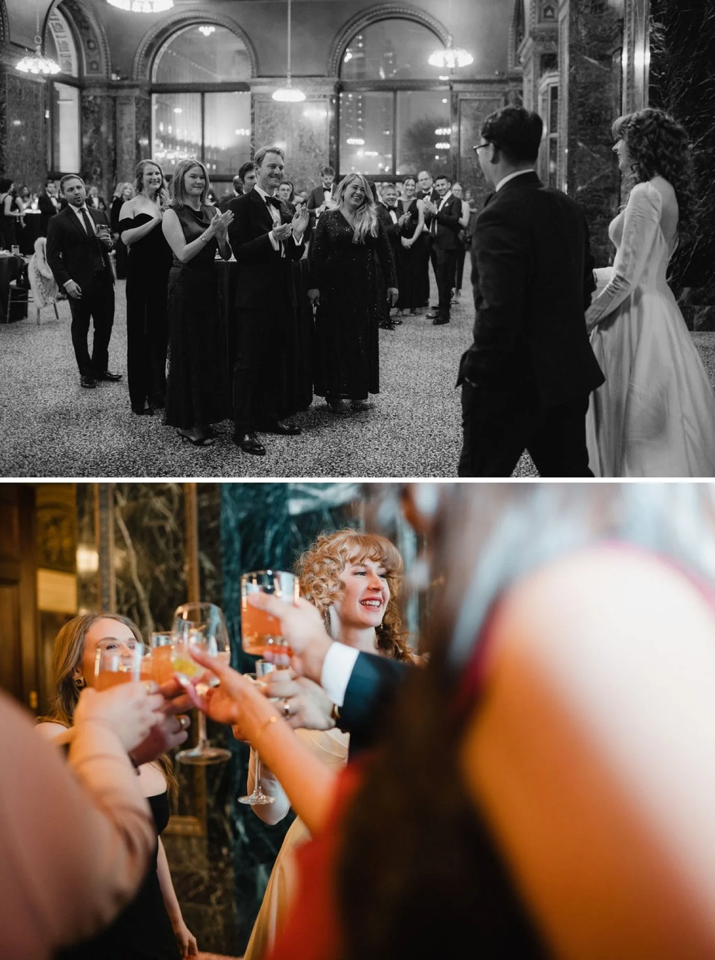 Bride and groom entering their cocktail hour at the Chicago Cultural Center