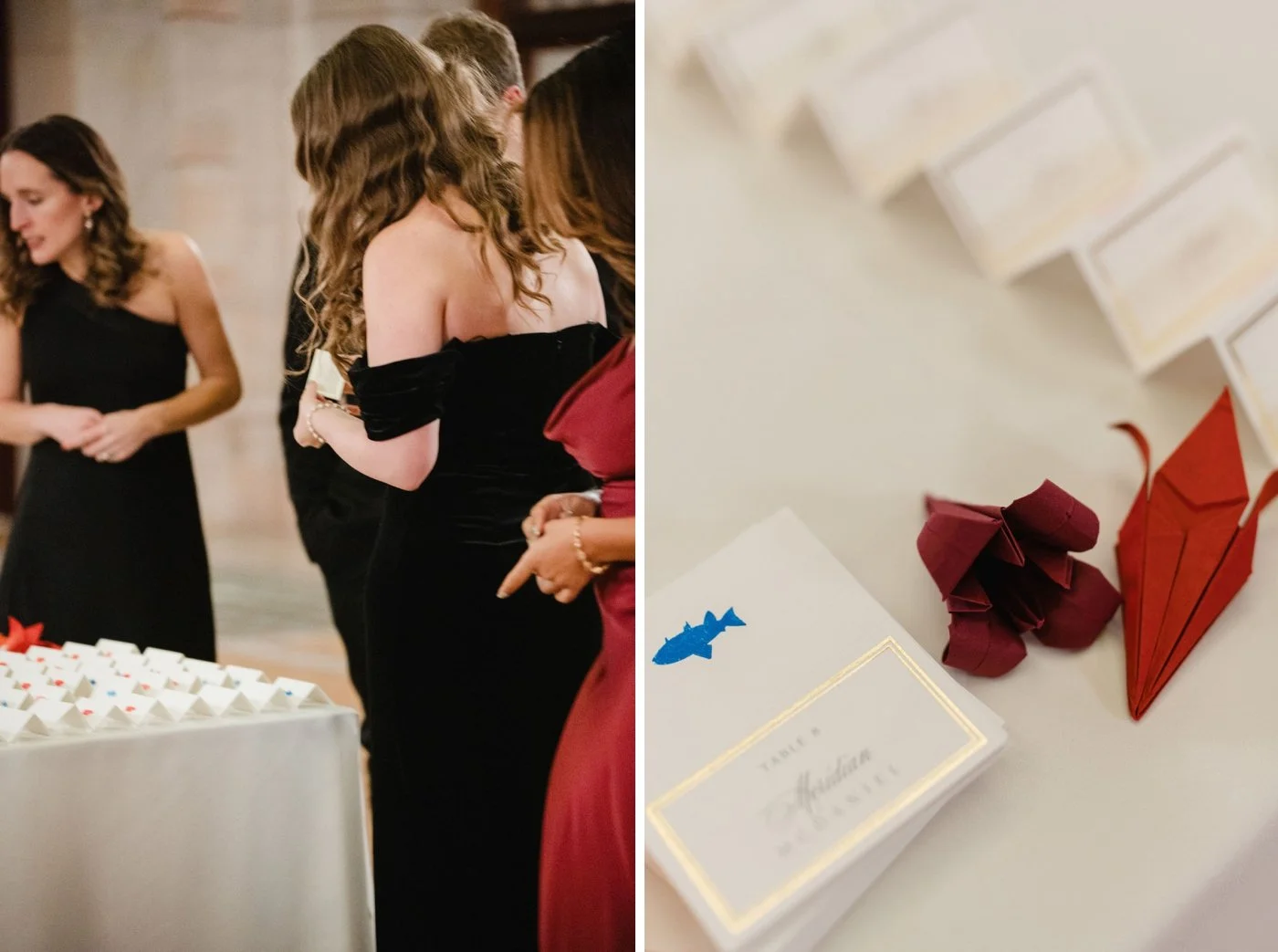 Escort cards with origami flowers at a Chicago wedding inspired by Chinese heritage