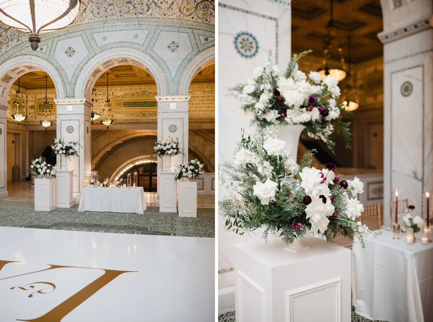 White and burgundy flowers with greenery at a Chicago winter wedding