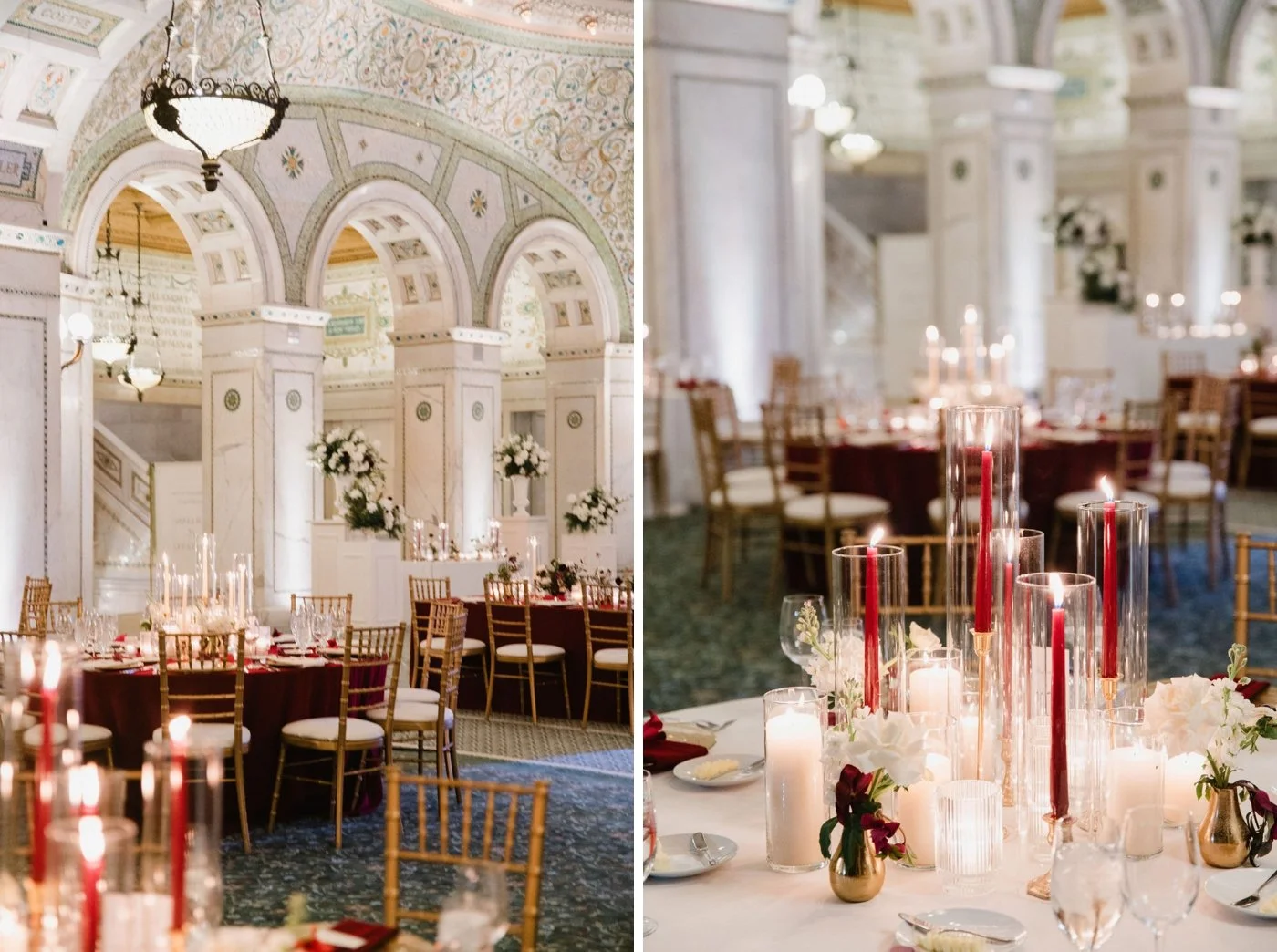 Red taper candles in gold candlesticks at a Chicago wedding