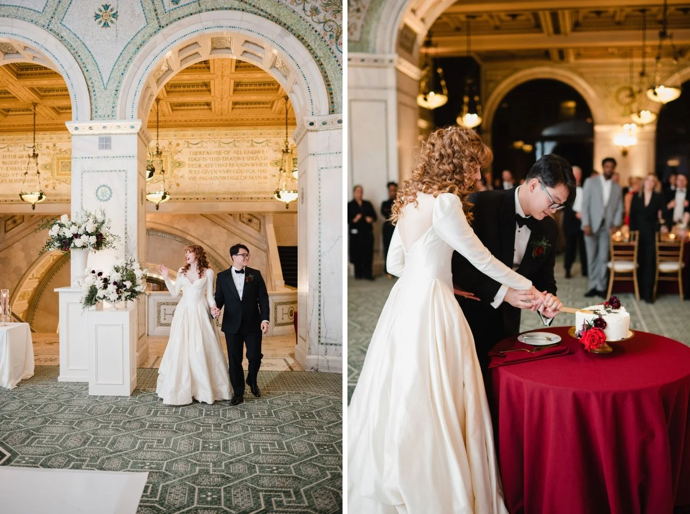 Bride and groom entering their wedding reception at the Chicago Cultural Center