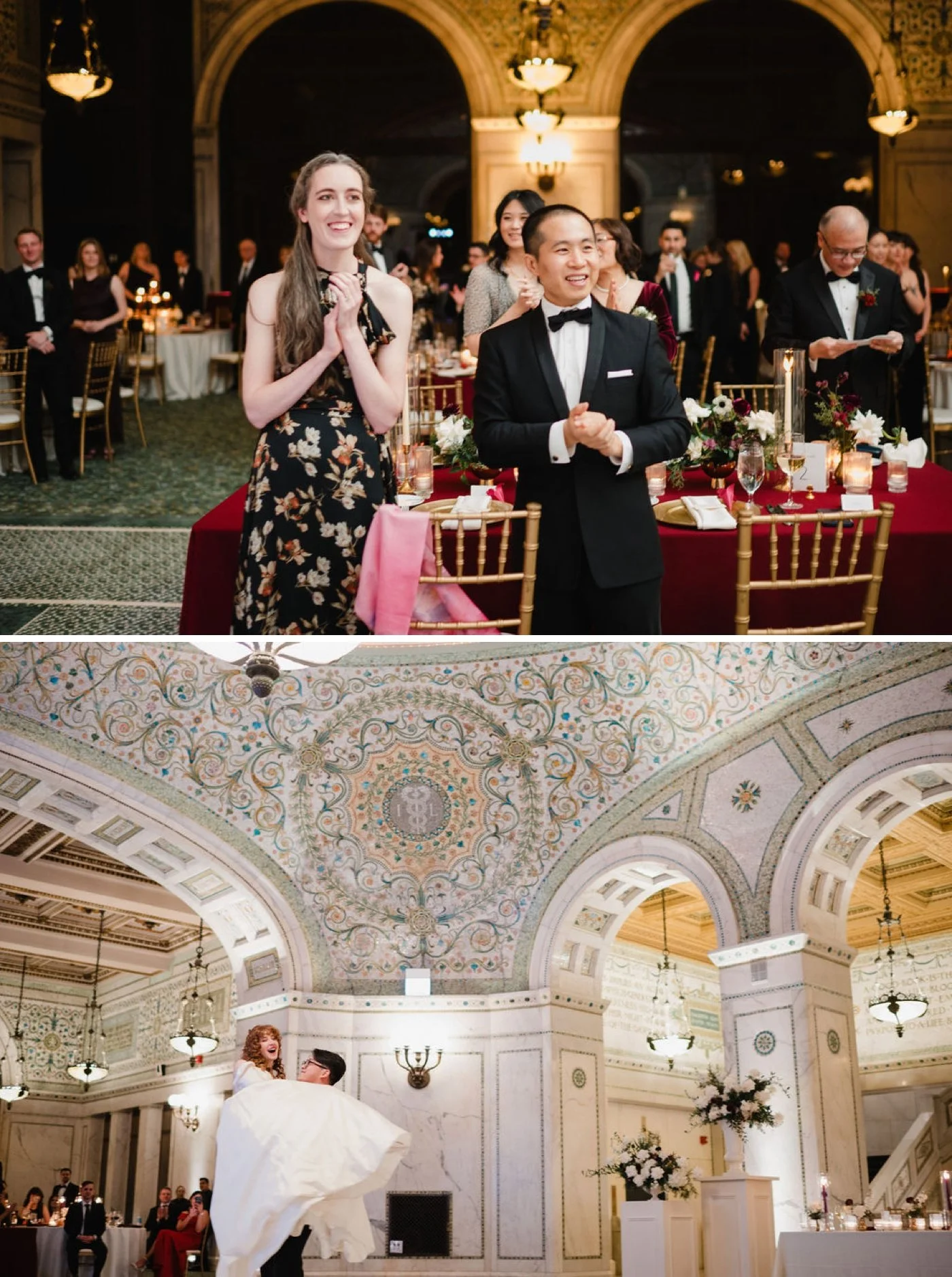 Wedding guests clapping for bride and groom during their first dance