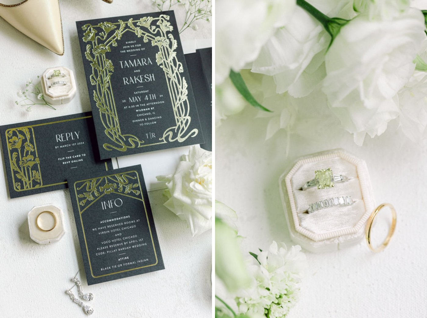 Black and gold wedding invitation flat lay