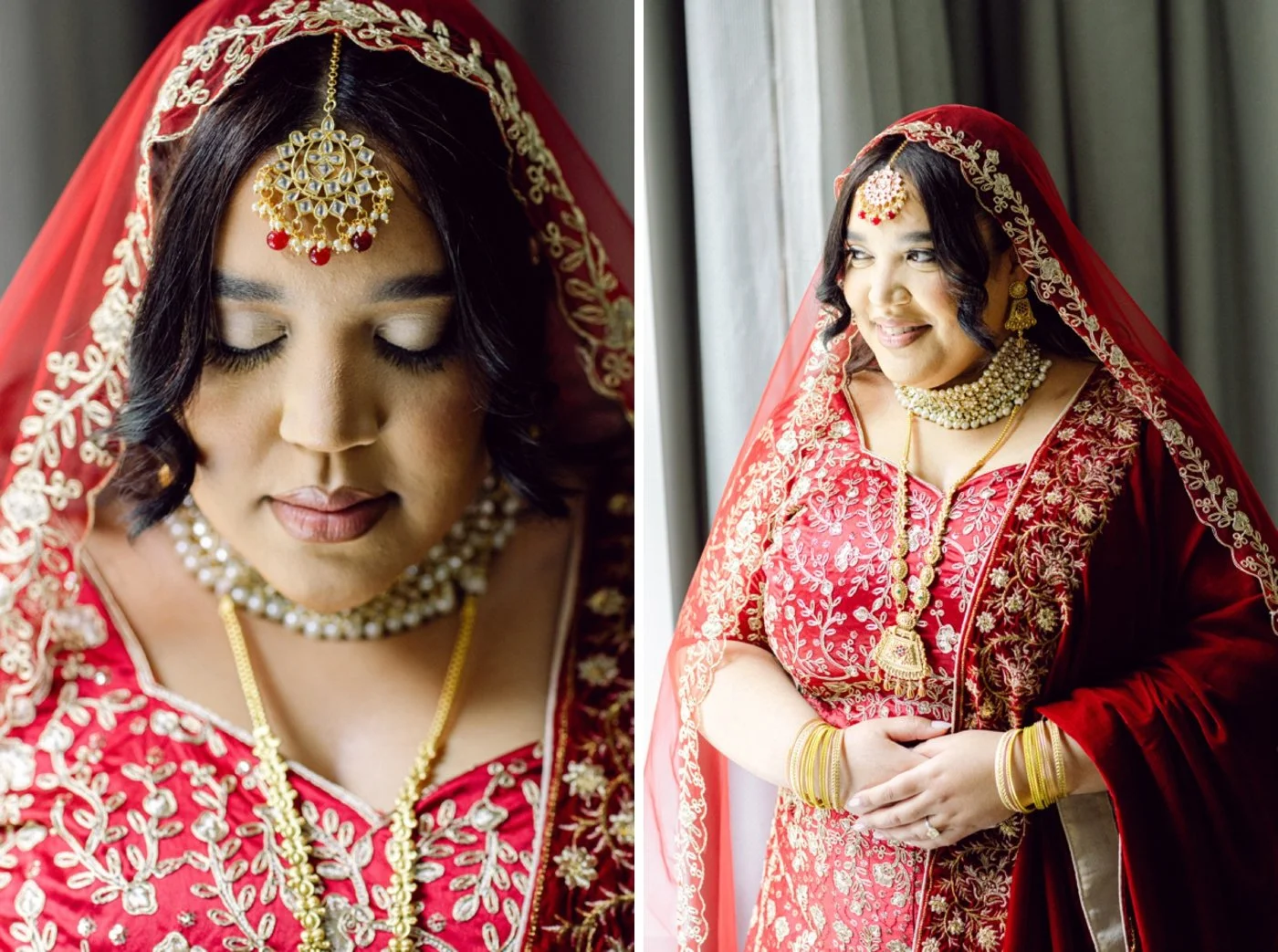 Indian bride wearing a red and gold saree