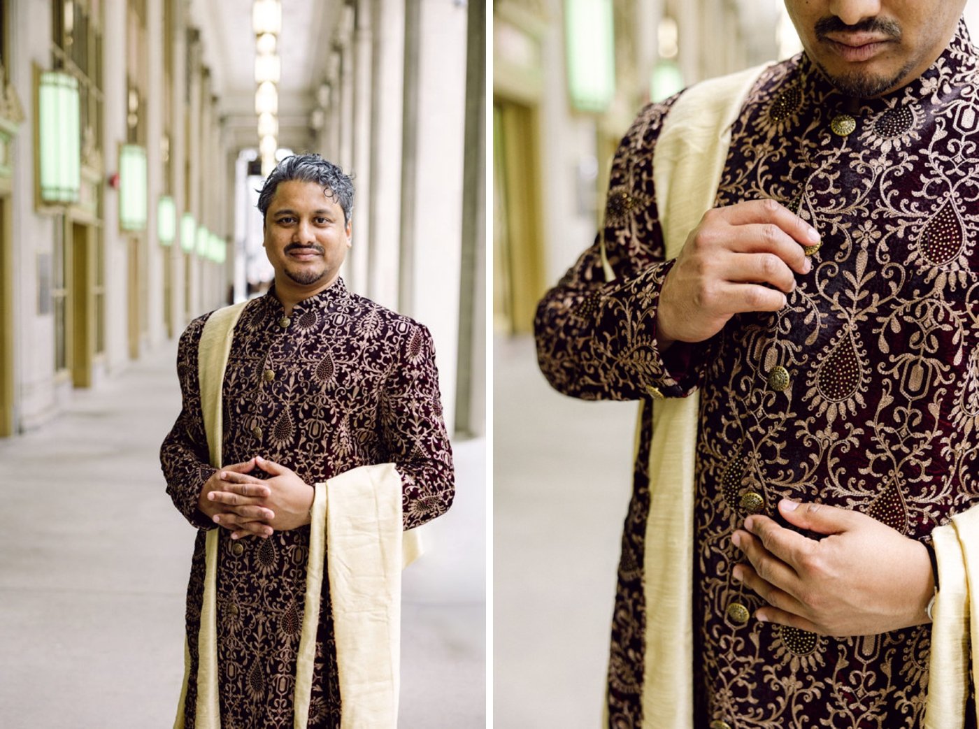Groom wearing a brown-and-gold sherwani