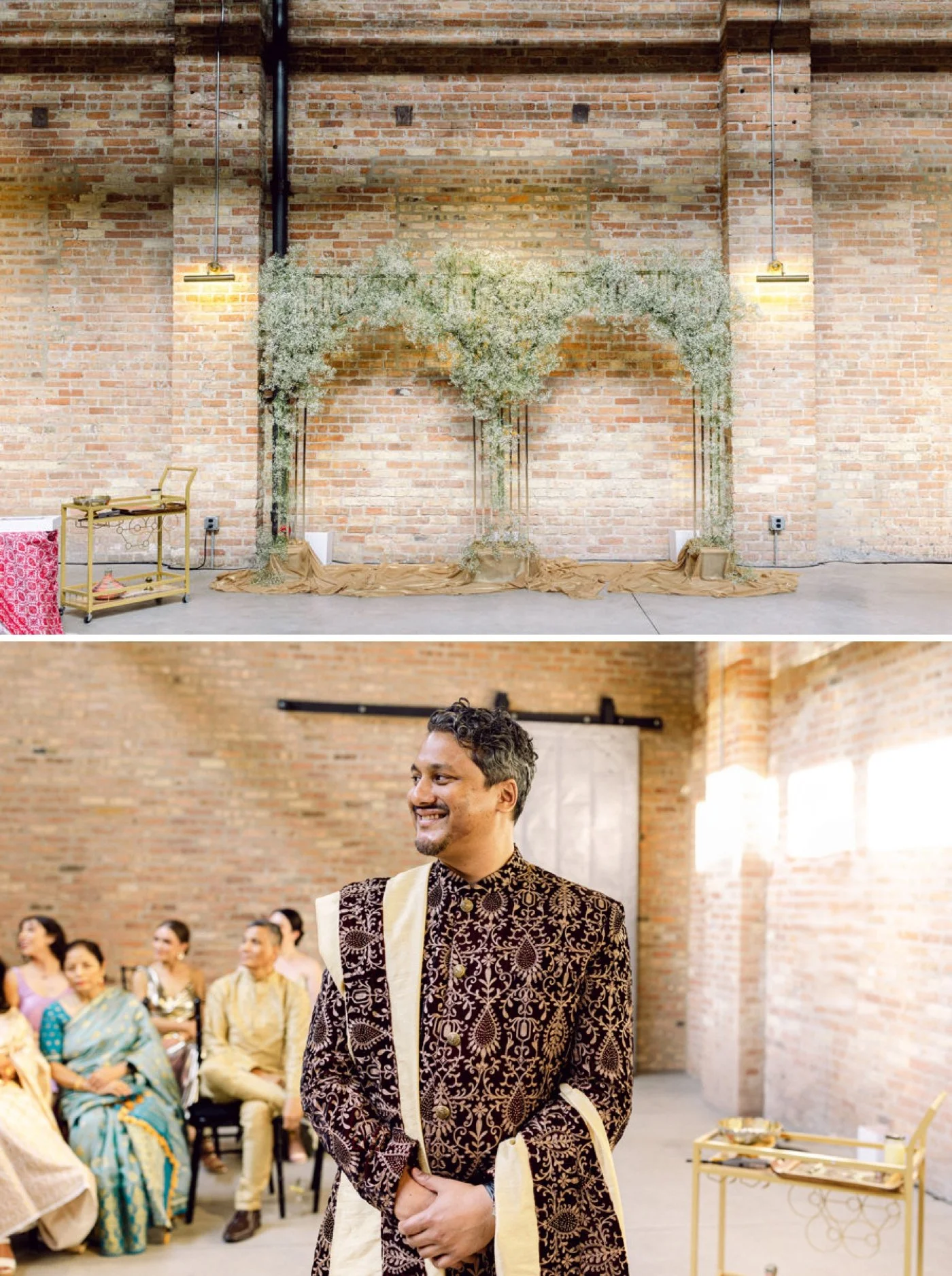 Double wedding arch with baby's breath and gold draping