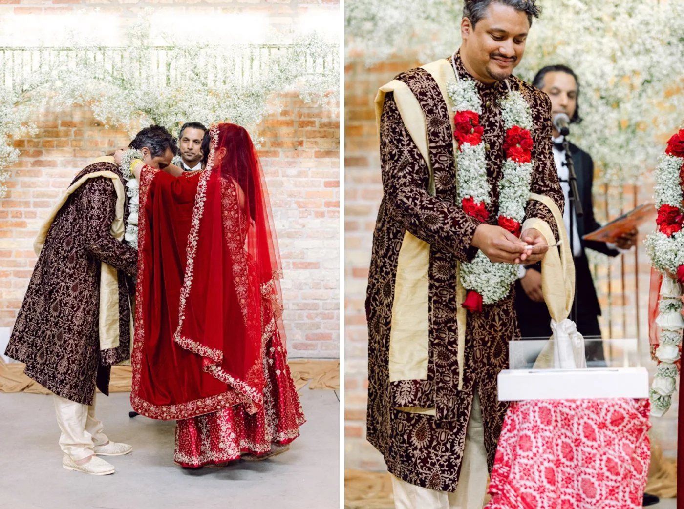 Bride placing a floral garland on the groom during a Hindu wedding ceremony