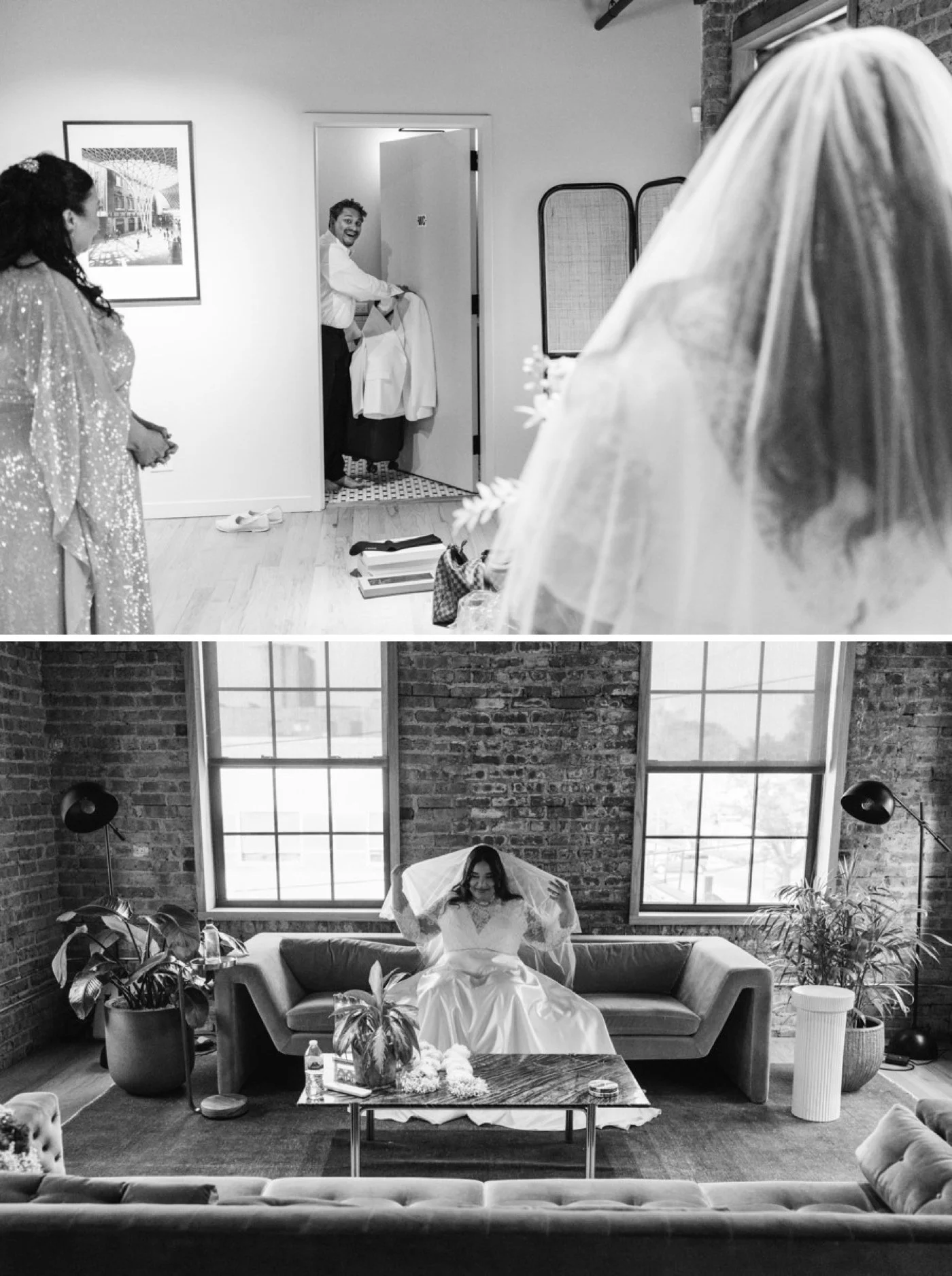 Bride sitting on a couch and draping her veil over her face