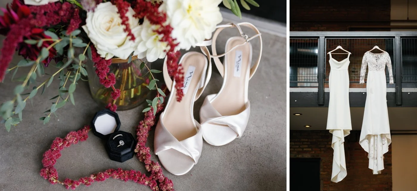 Bride's details flatlay with Nina bridal shoes, wedding rings, and burgundy flowers