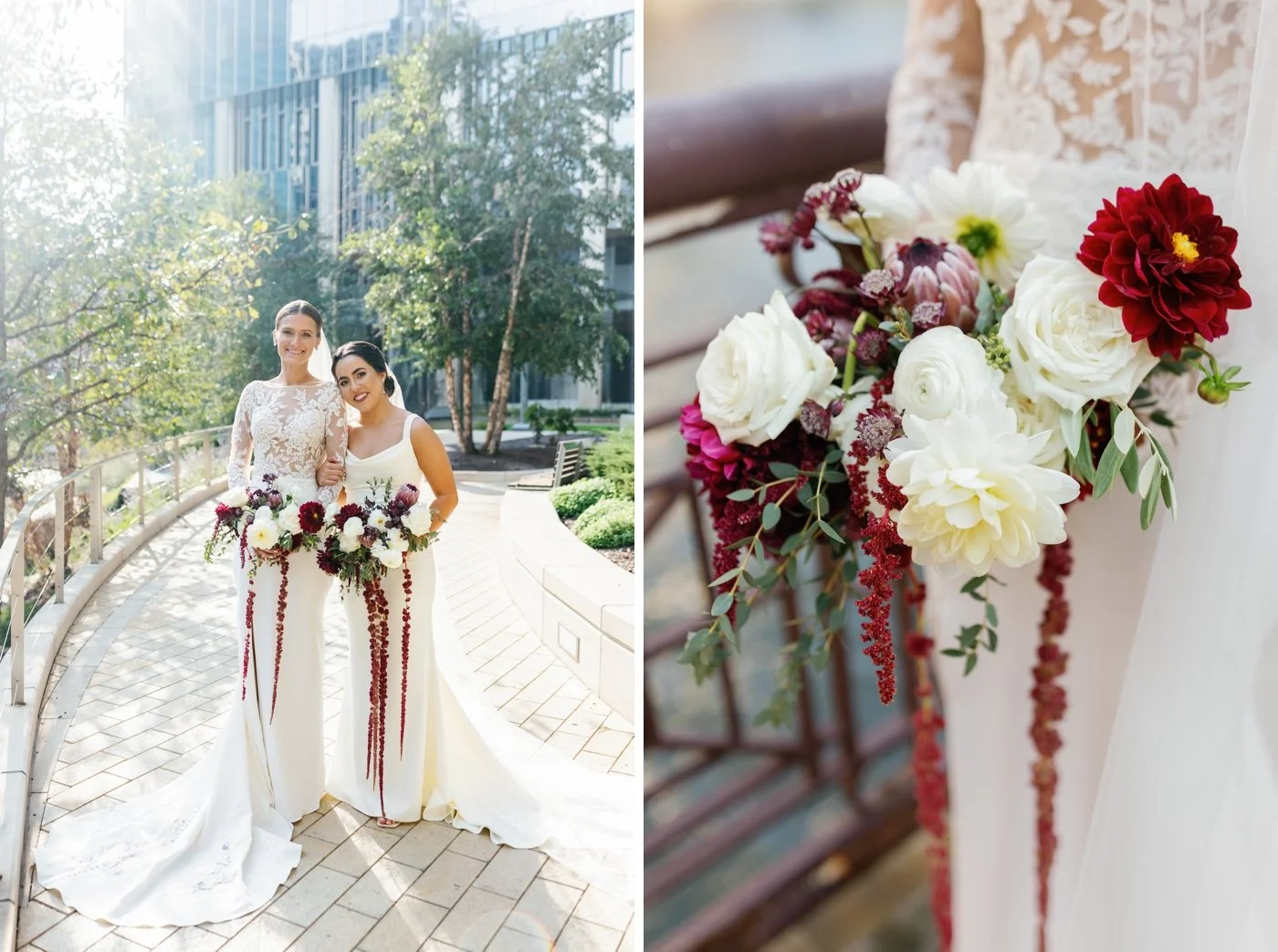 Bride holding a burgundy and cream fall wedding bouquet by May Floral