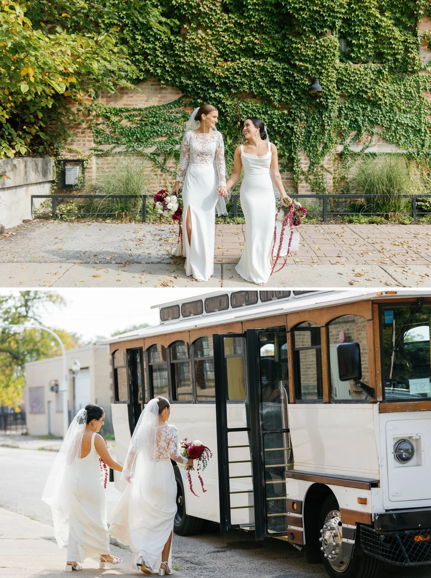Brides getting on a trolley to their Chicago wedding at Fairlie