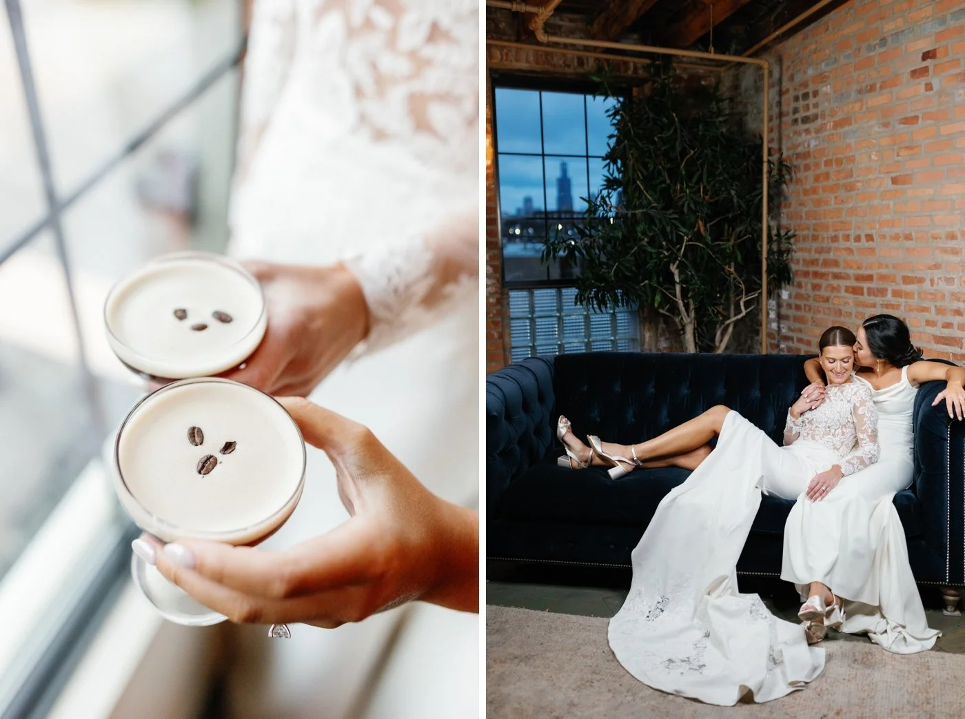 Brides toasting with espresso martinis