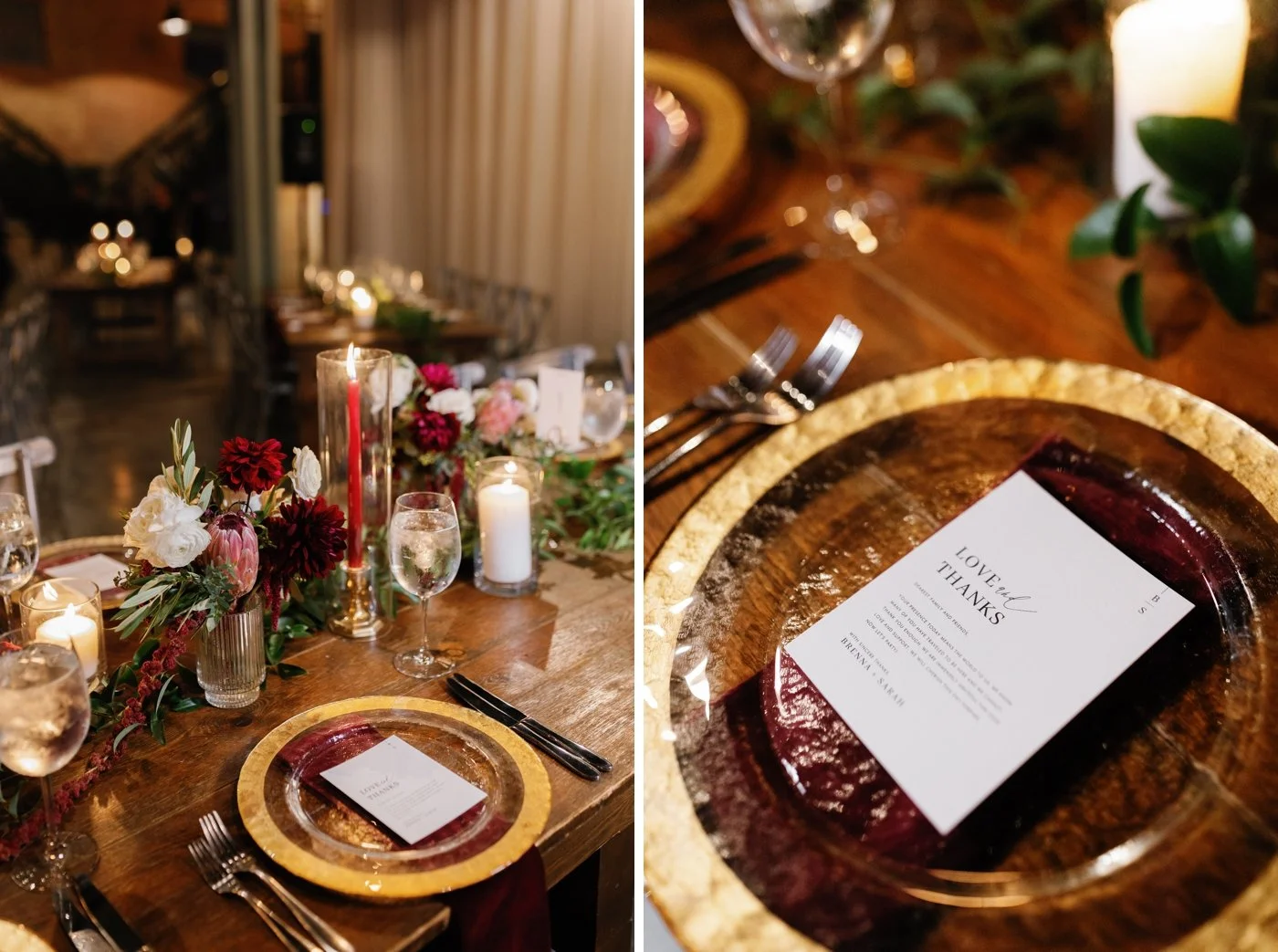 Burgundy, cream, and gold table decor for a fall wedding