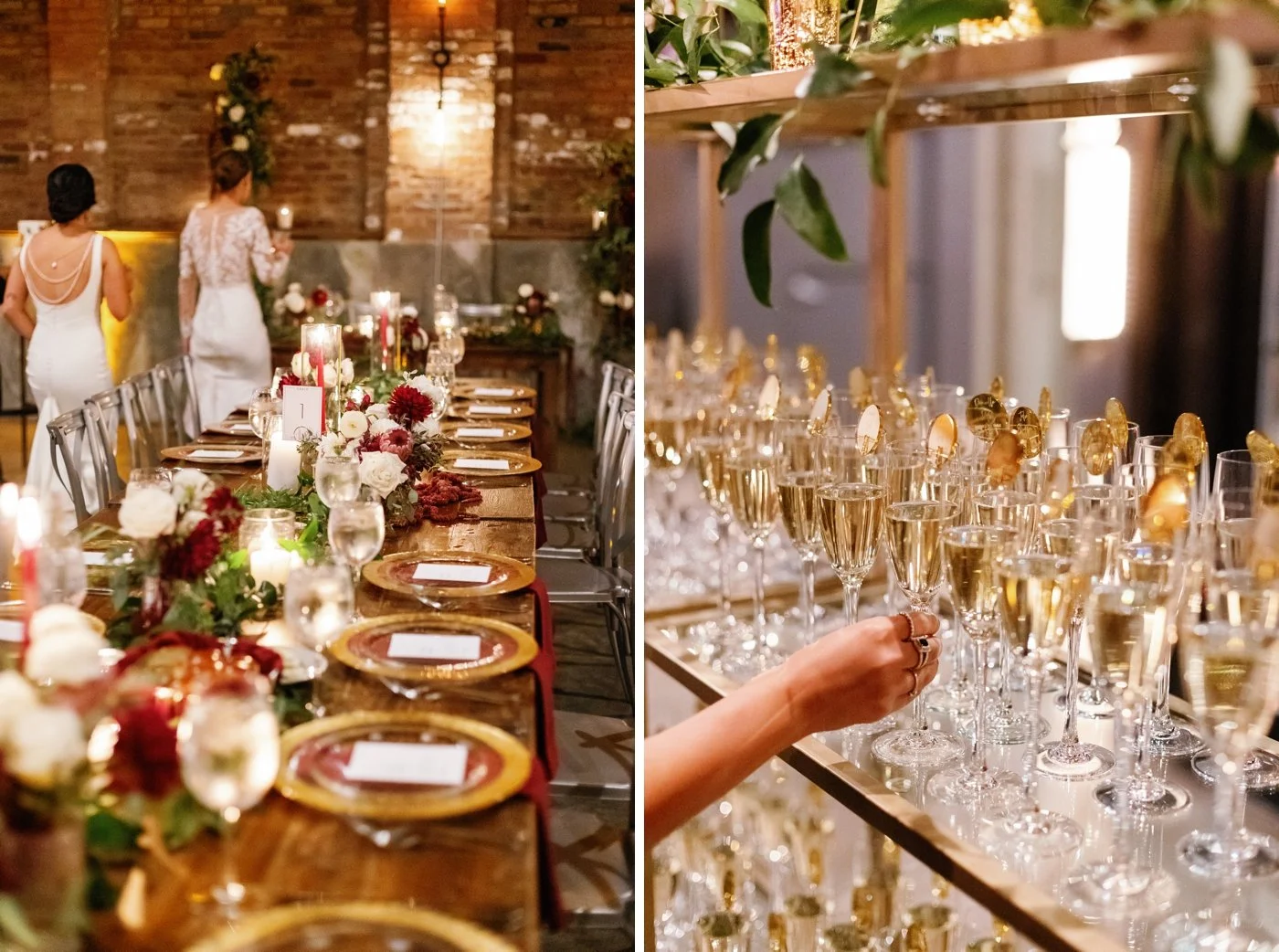 Wedding guest reaching for a champagne glass