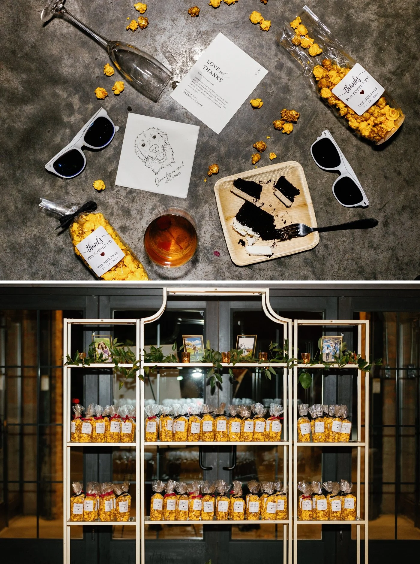 Flatlay of popcorn wedding favors, custom pet artwork napkin, wedding cake, and sunglasses