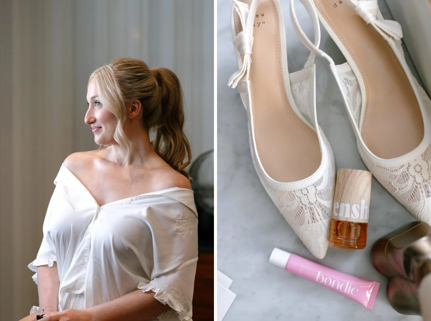 Flatlay of A New Day bridal shoes and Frenshe perfume