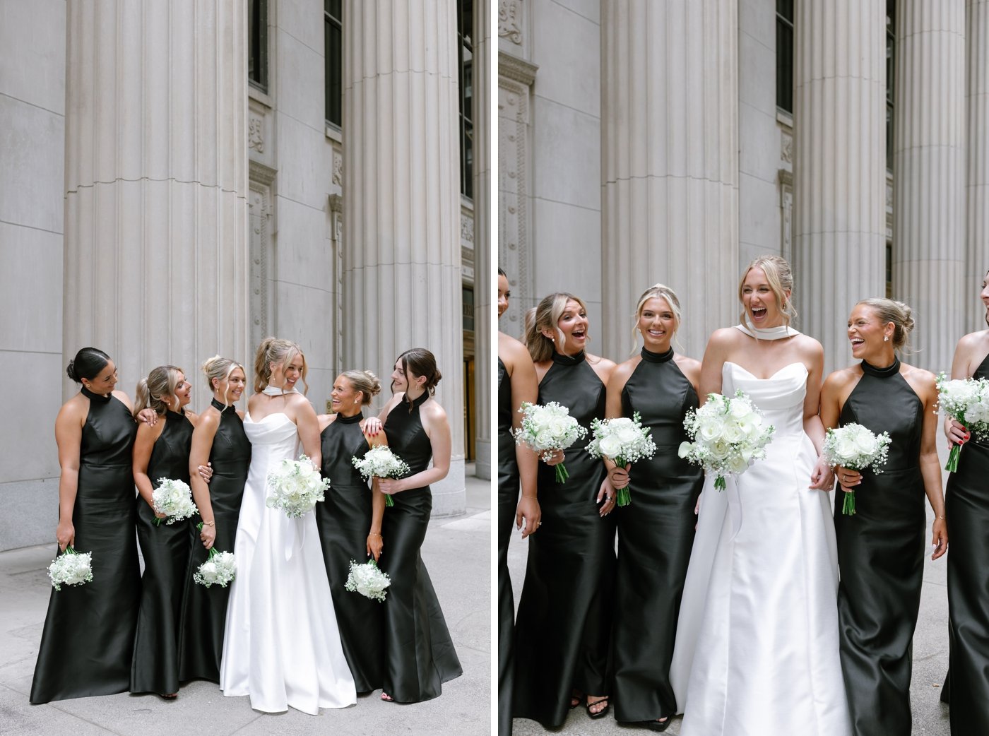 Bridesmaids wearing black dresses and carrying white bouquets