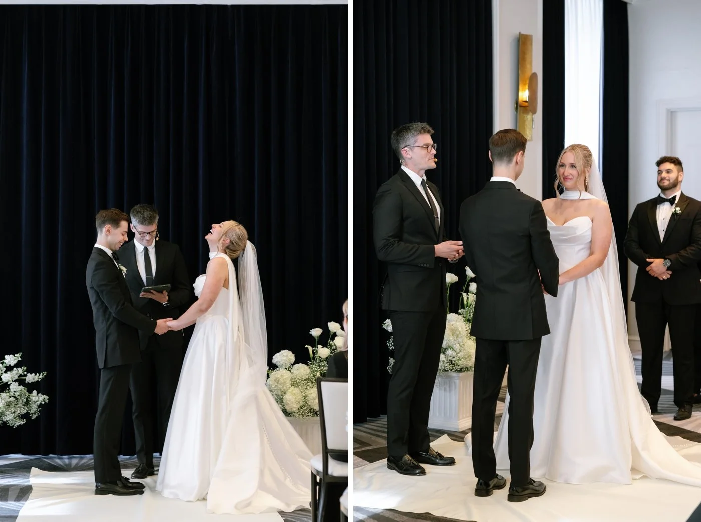 Bride and groom laughing during their wedding ceremony
