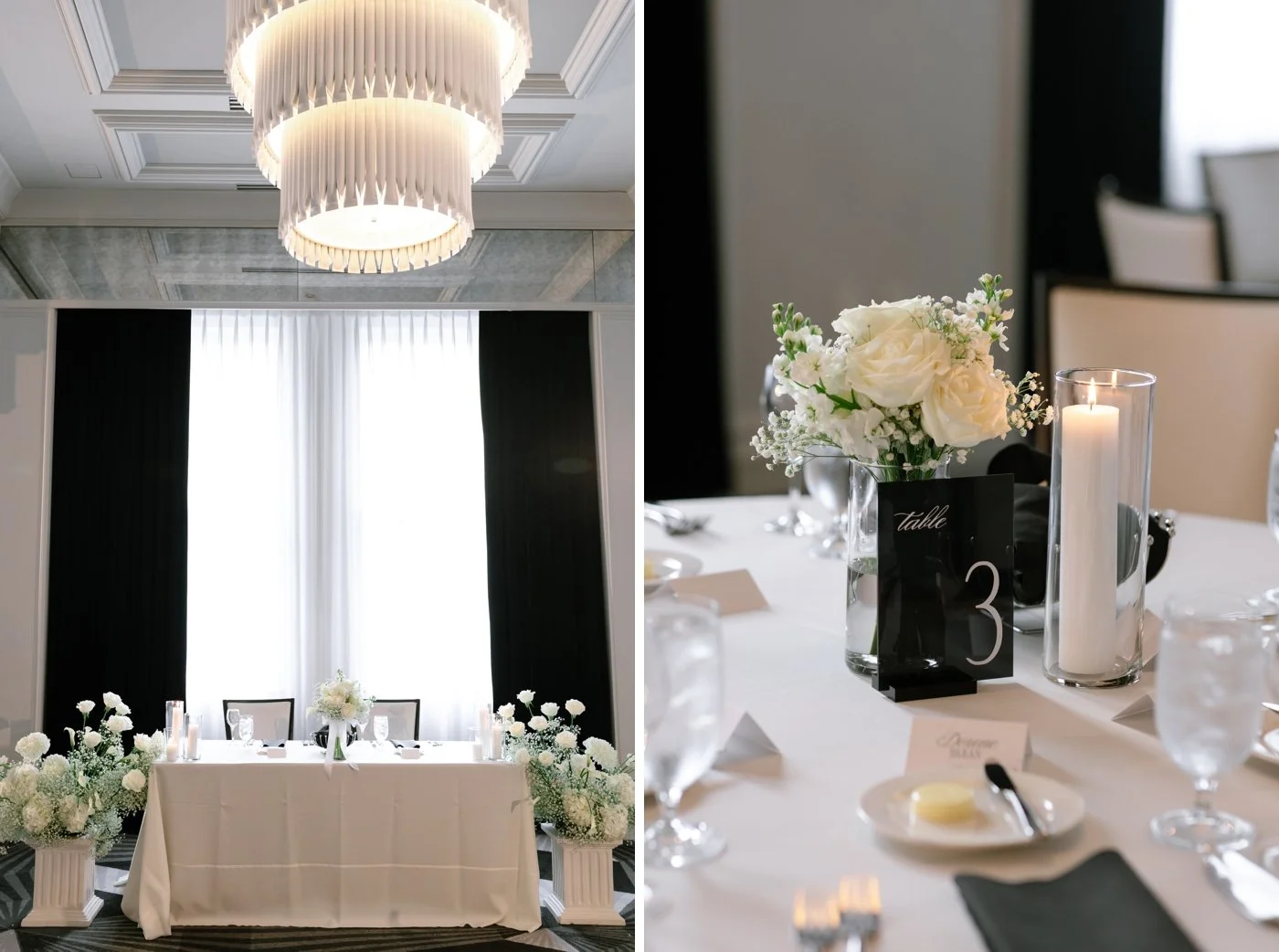 White monochromatic florals and black and white table decor at a Chicago wedding