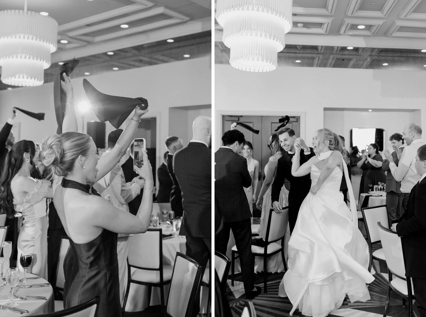 Wedding guests cheering as bride and groom enter their wedding reception