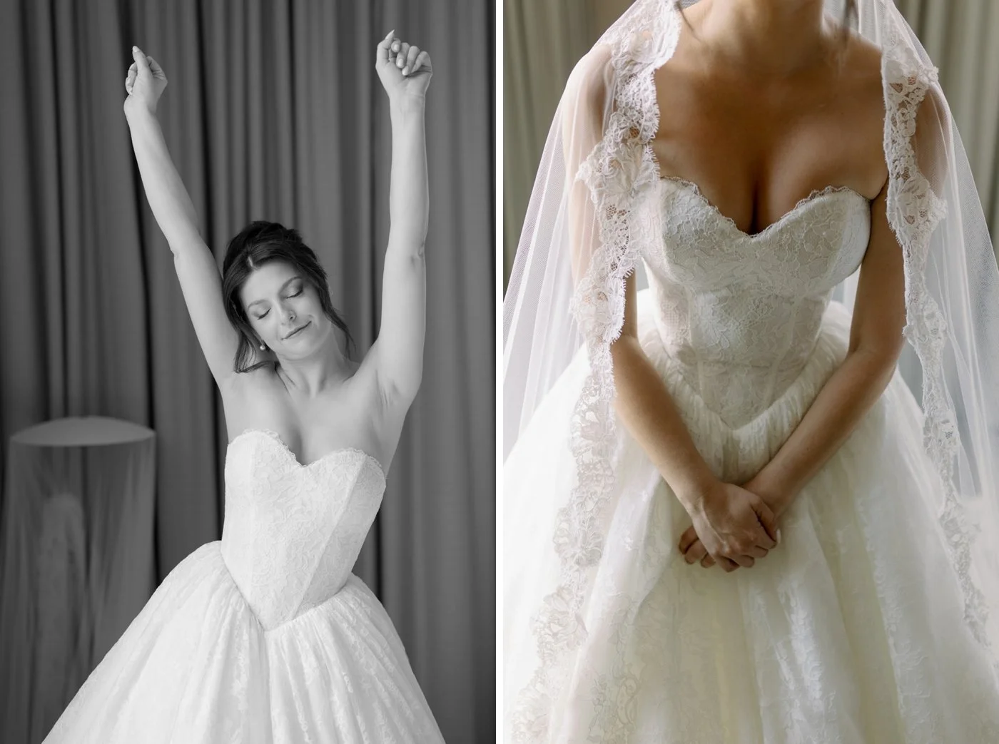 Bride wearing a lace sweetheart bridal gown by Viero Bridal