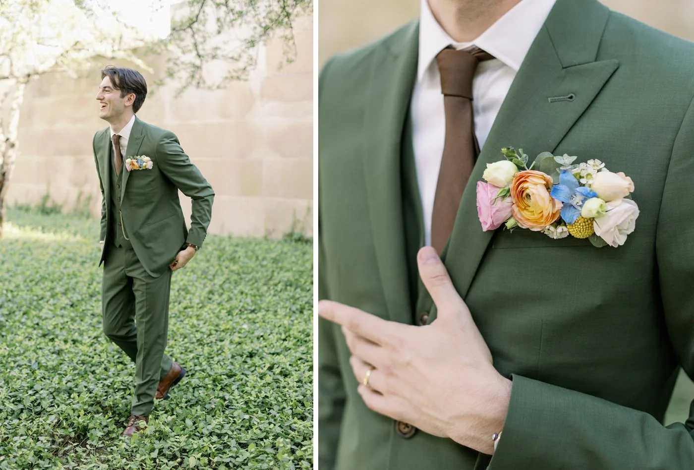 Groom wearing an olive Indochino suit and brown tie