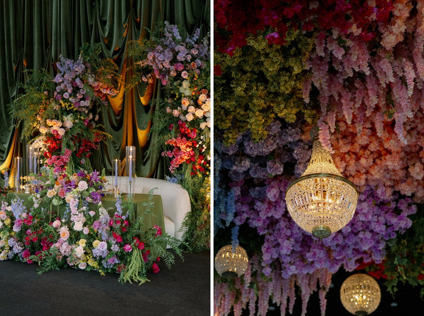 Colorful sweetheart table florals and ceiling installation for a Chicago garden wedding by Yanni Design Studio