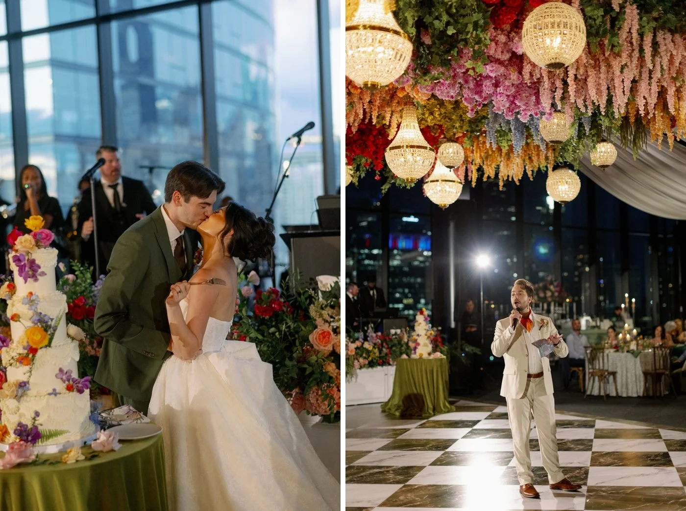 Wedding guest making a toast underneath floral ceiling installation