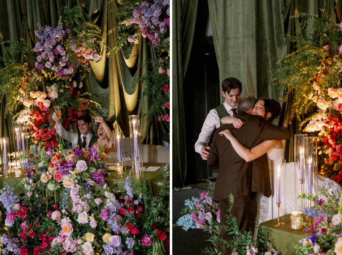 Bride and groom sitting at sweetheart table with colorful florals and draped green backdrop