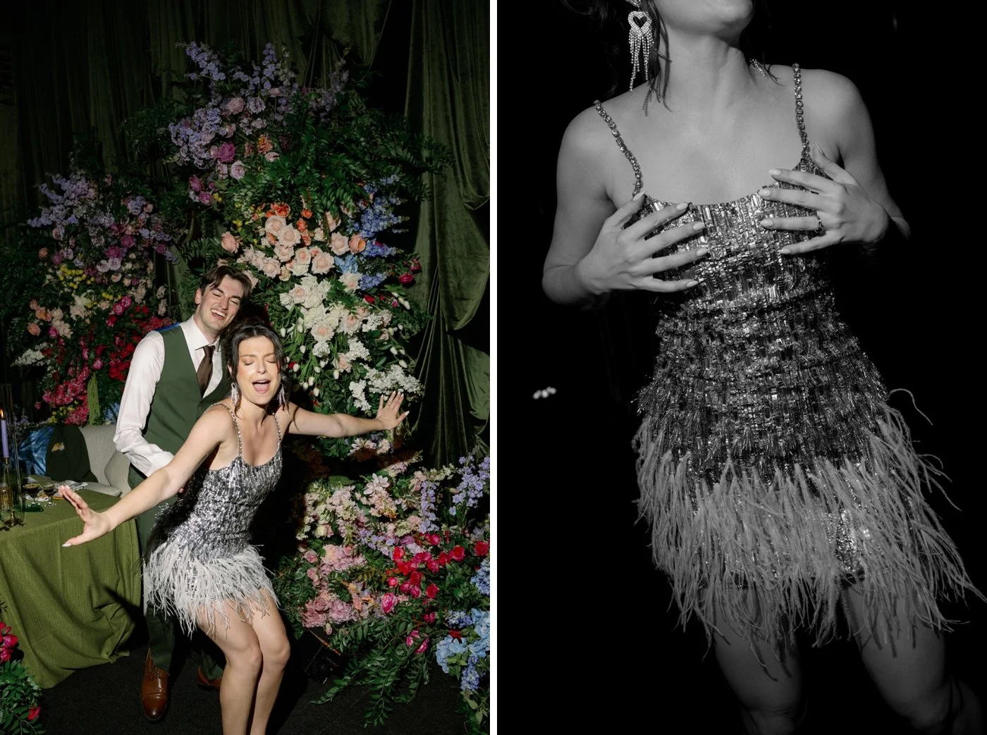 Bride wearing a silver flapper-style reception dress from Something White Styling