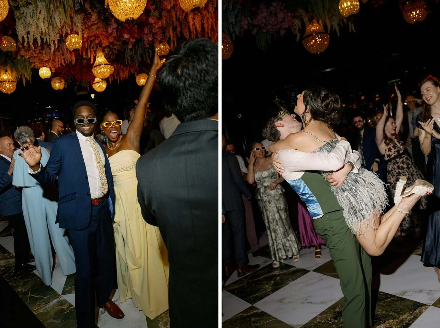 Groom lifting bride on the dance floor