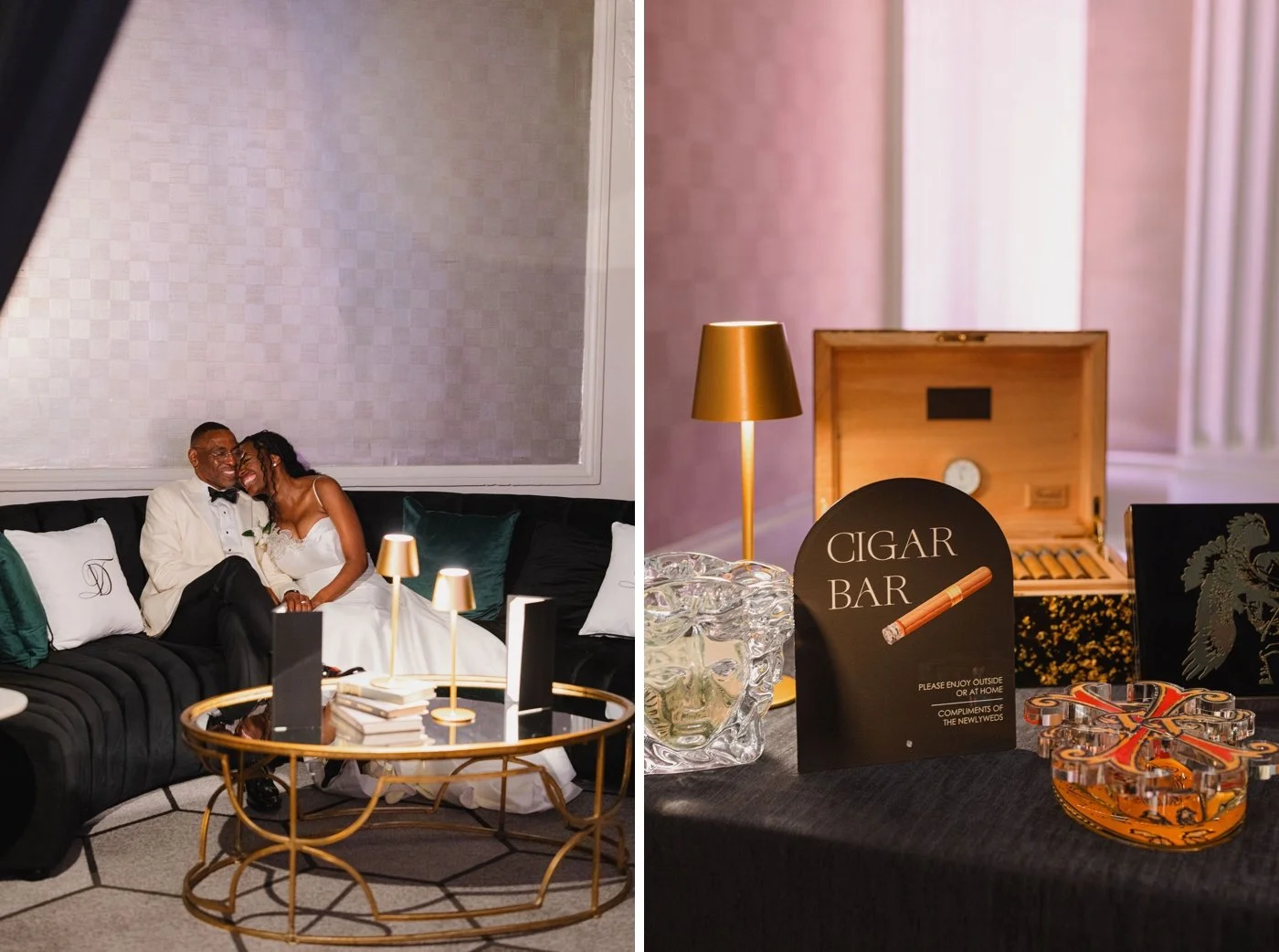 Cigar lounge with velvet furniture and gold lamps at a Chicago wedding