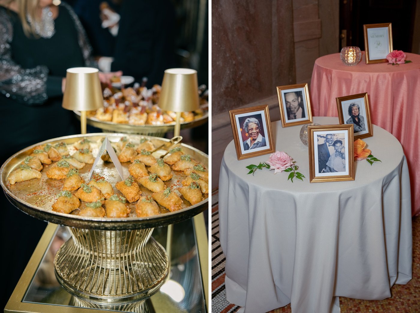 Cocktail hour appetizers and memory table at a Chicago wedding