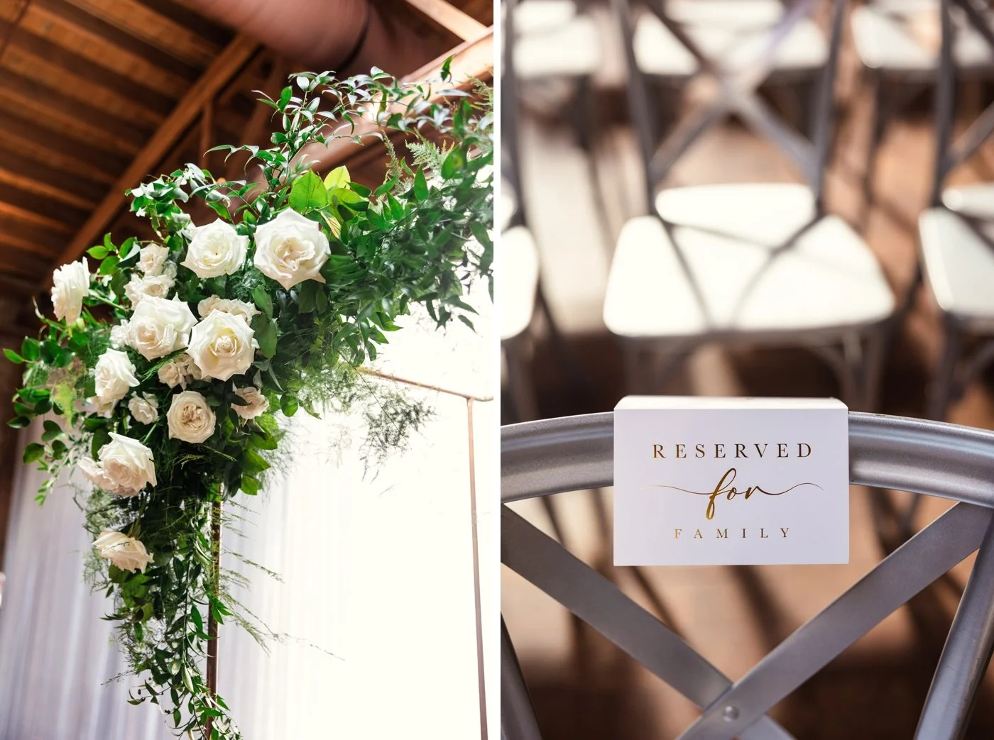 Greenery and white roses floral decoration and "reserved for family" sign at a Chicago wedding ceremony
