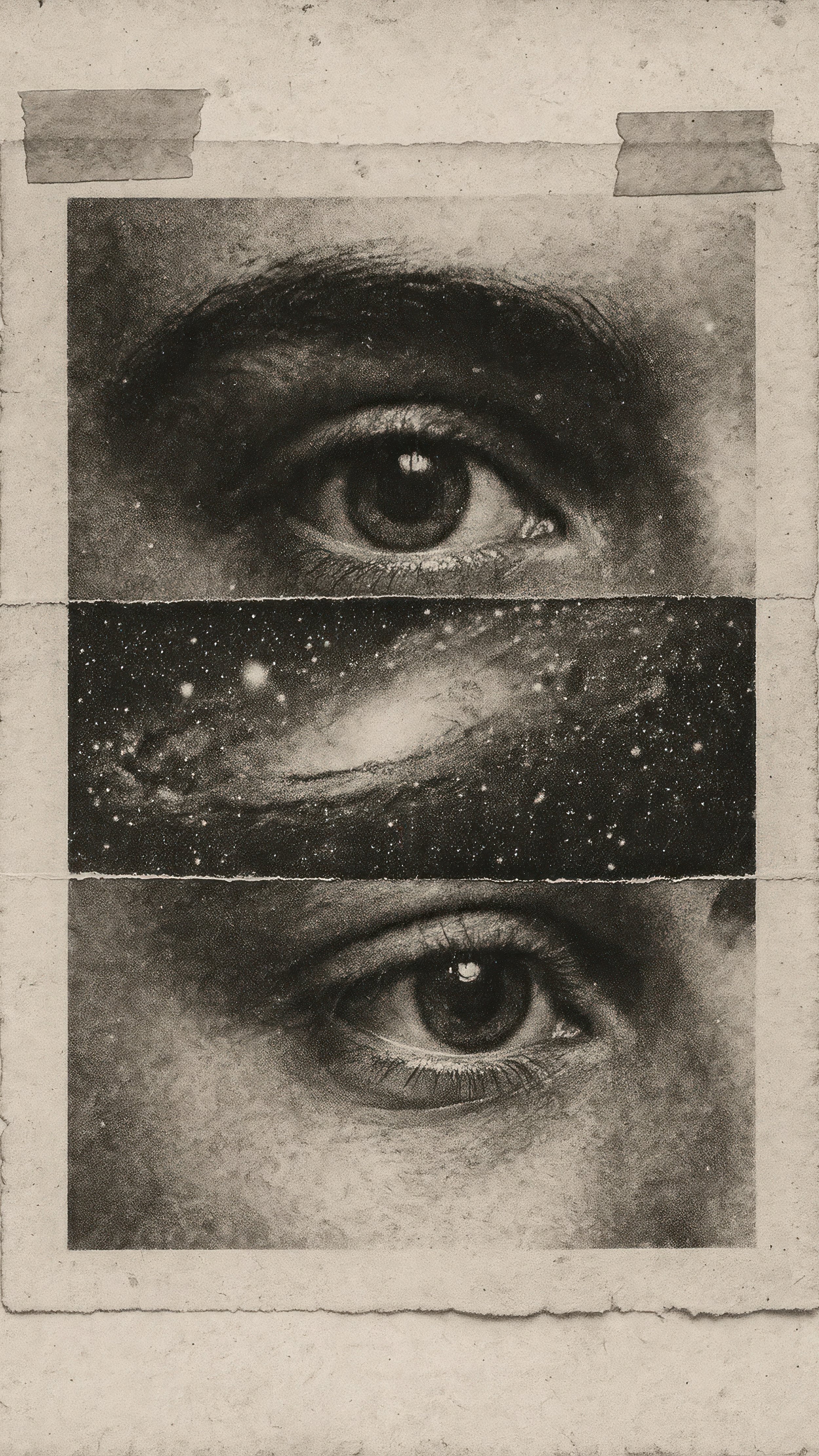 Vintage collage of a woman's eyes separated by a strip of galaxy