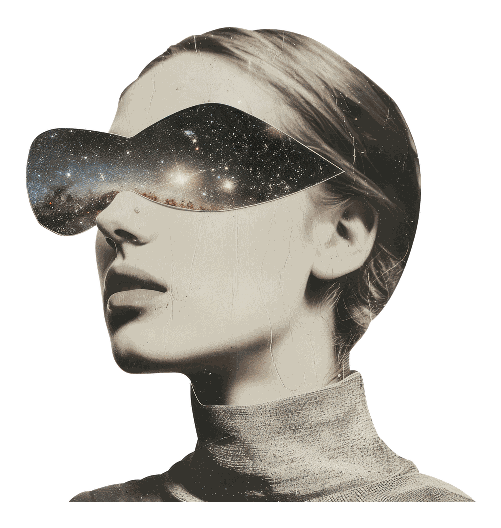 Retro collage of a woman wearing a starry galaxy visor