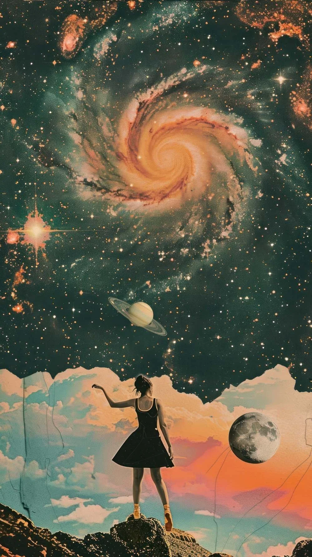 Collage of a woman on a rock reaching toward a spiral galaxy, planets and the moon
