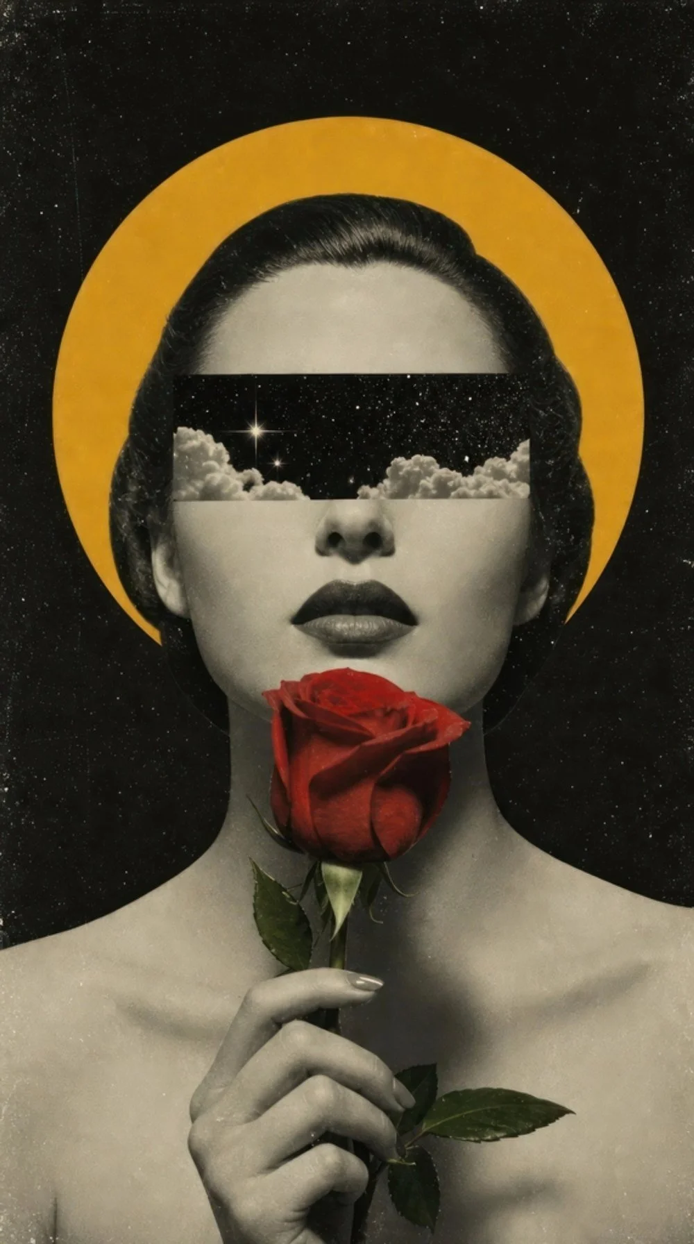 Vintage collage of a woman holding a red rose, her eyes covered by a starry sky and a golden halo behind her