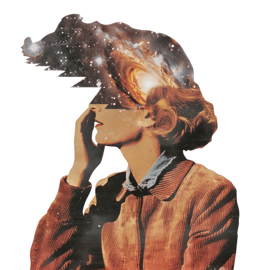 Vintage collage of a woman whose hair becomes a spiral galaxy