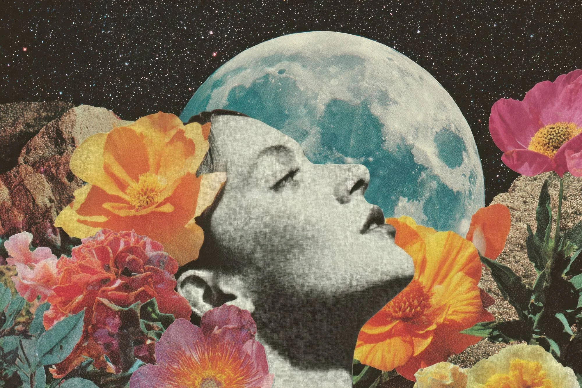 Vintage collage of a woman's profile surrounded by colorful flowers under a full moon
