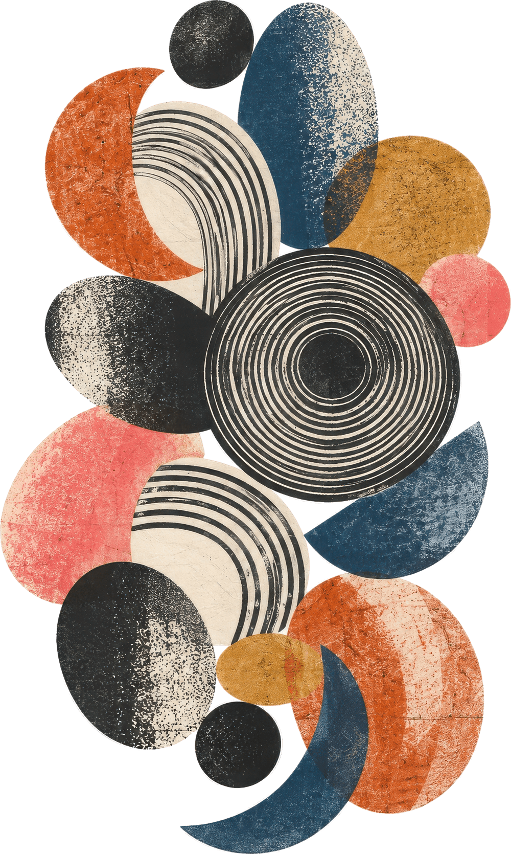 Abstract collage of textured circles and crescents in rust, navy, pink and black