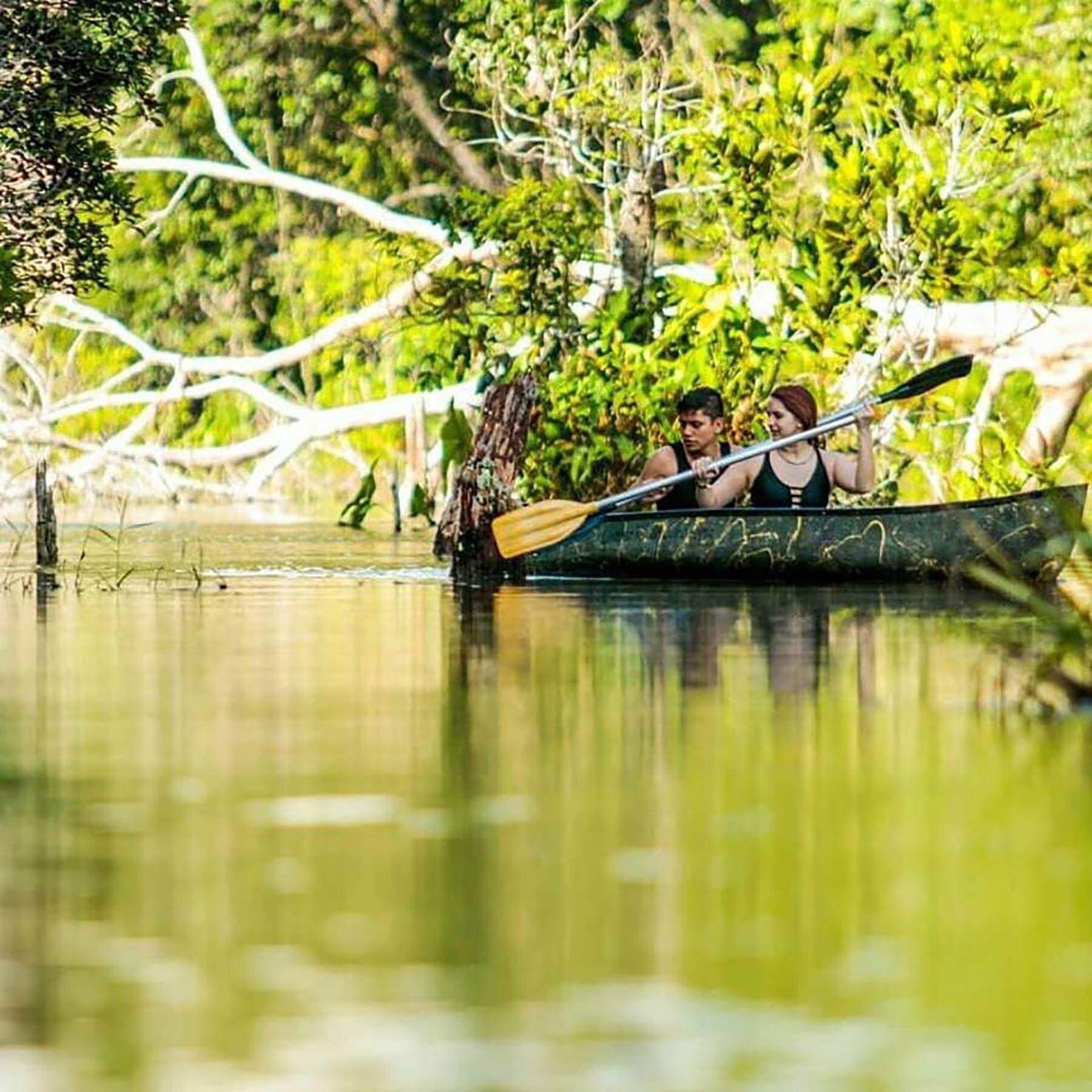 Couple Canoeing in the Amazon Rainforest