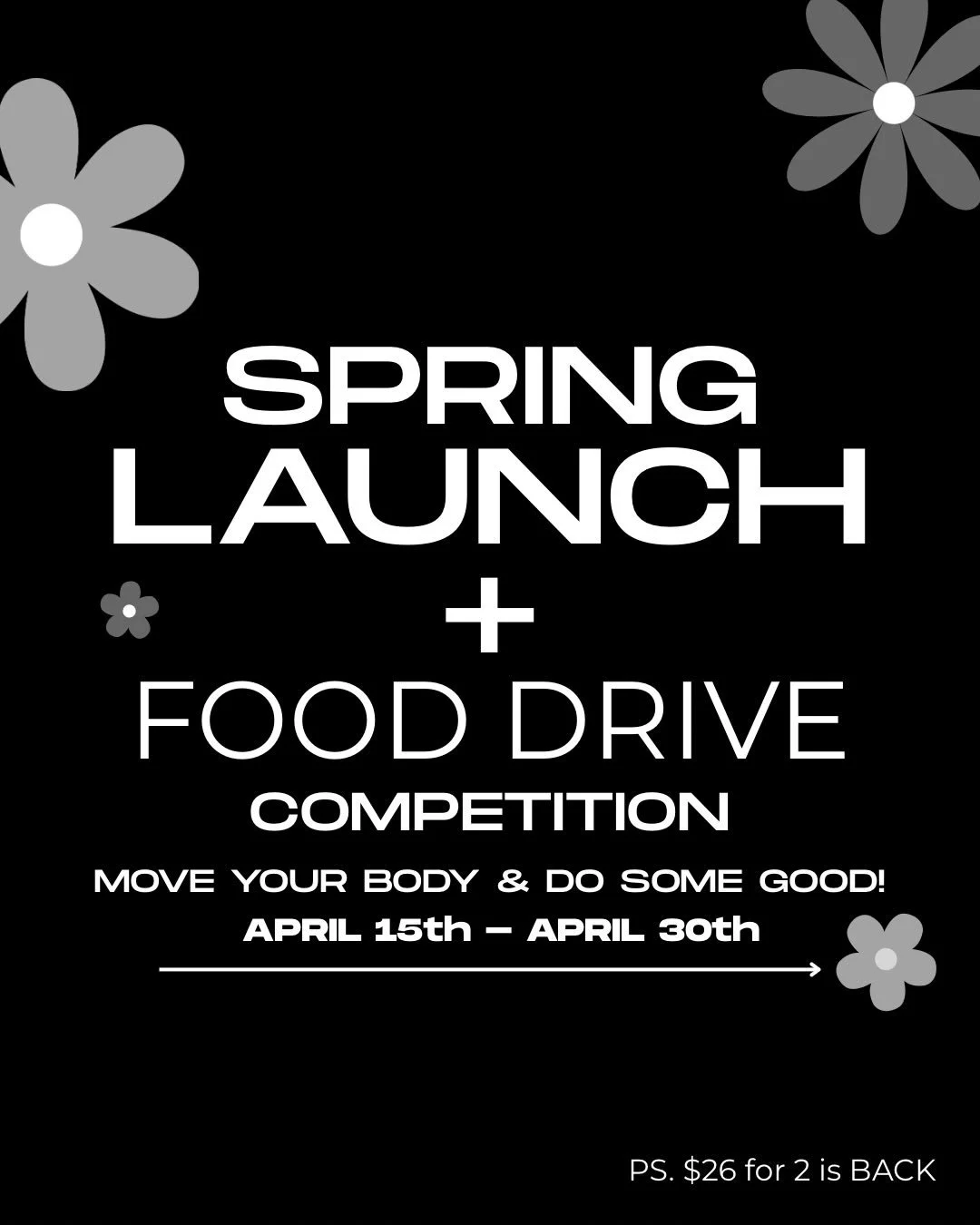 SWIPE THROUGH! 

Spring Launch -> and a chance to win a free membership for a month ! 💪🏼 🖤

For two weeks we will be collecting canned and dried goods. (They are requesting things like noodles, crackers, peanut butter, soups.) simultaneously we