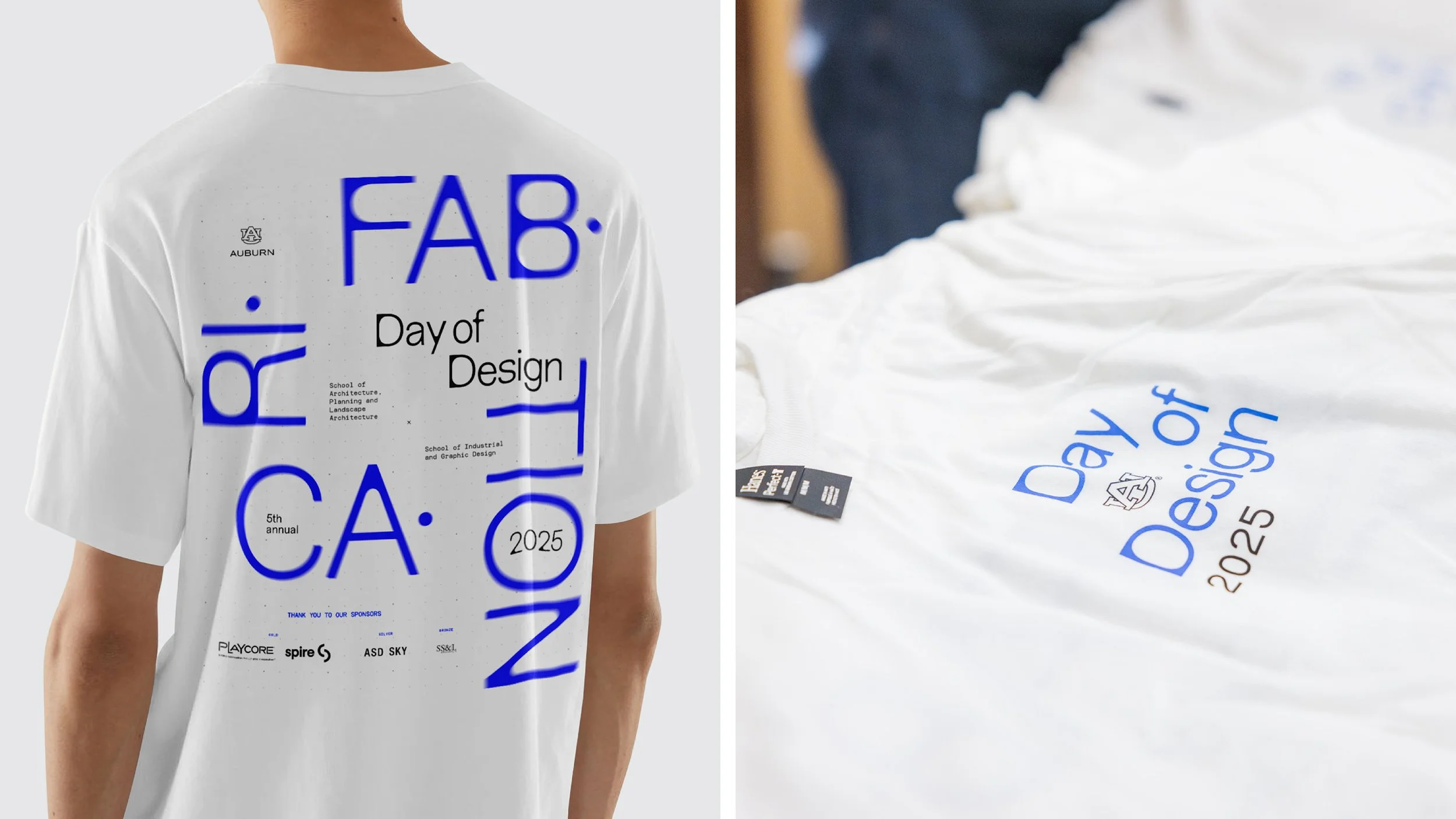  T-shirts, given away to all attendees, incurred production constraints preventing the use of scanned vellum, so the design translated the concept through typography instead: FABRICATION was broken into syllables—mirroring the poster but in a new com