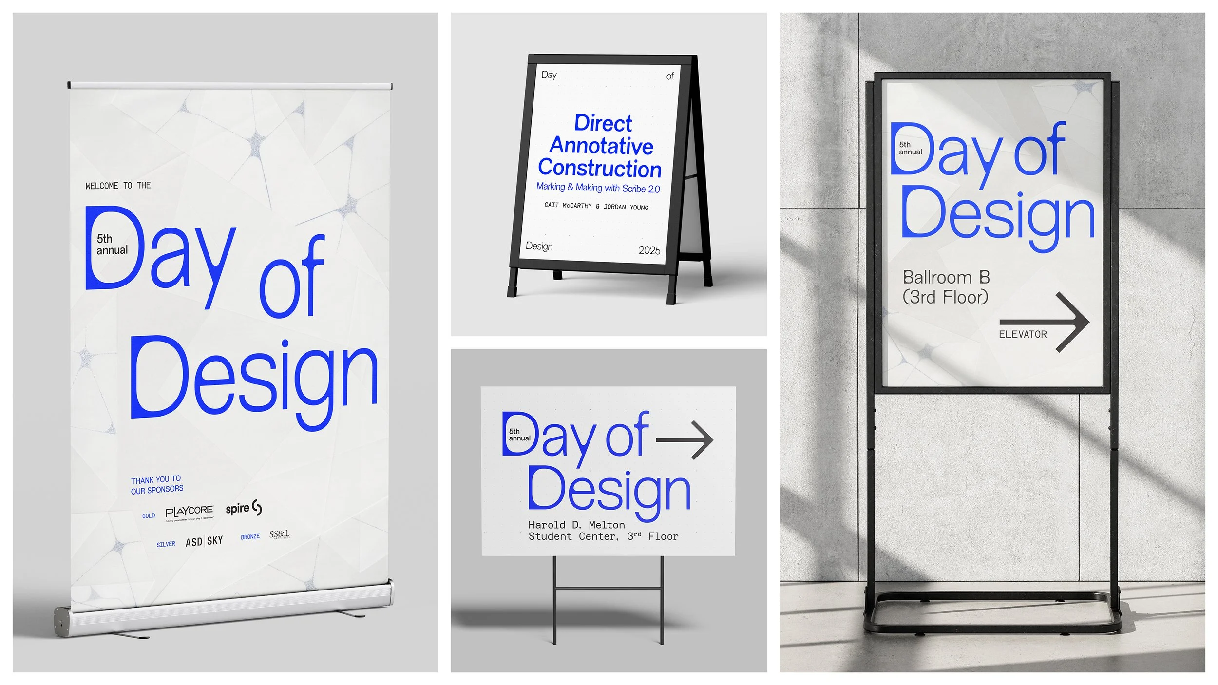  Signage combined scanned vellum and the dot grid strategically: up-close, larger-scale pieces emphasized materiality with vellum, while smaller or distance-view items leaned on the grid for clarity and impact. 