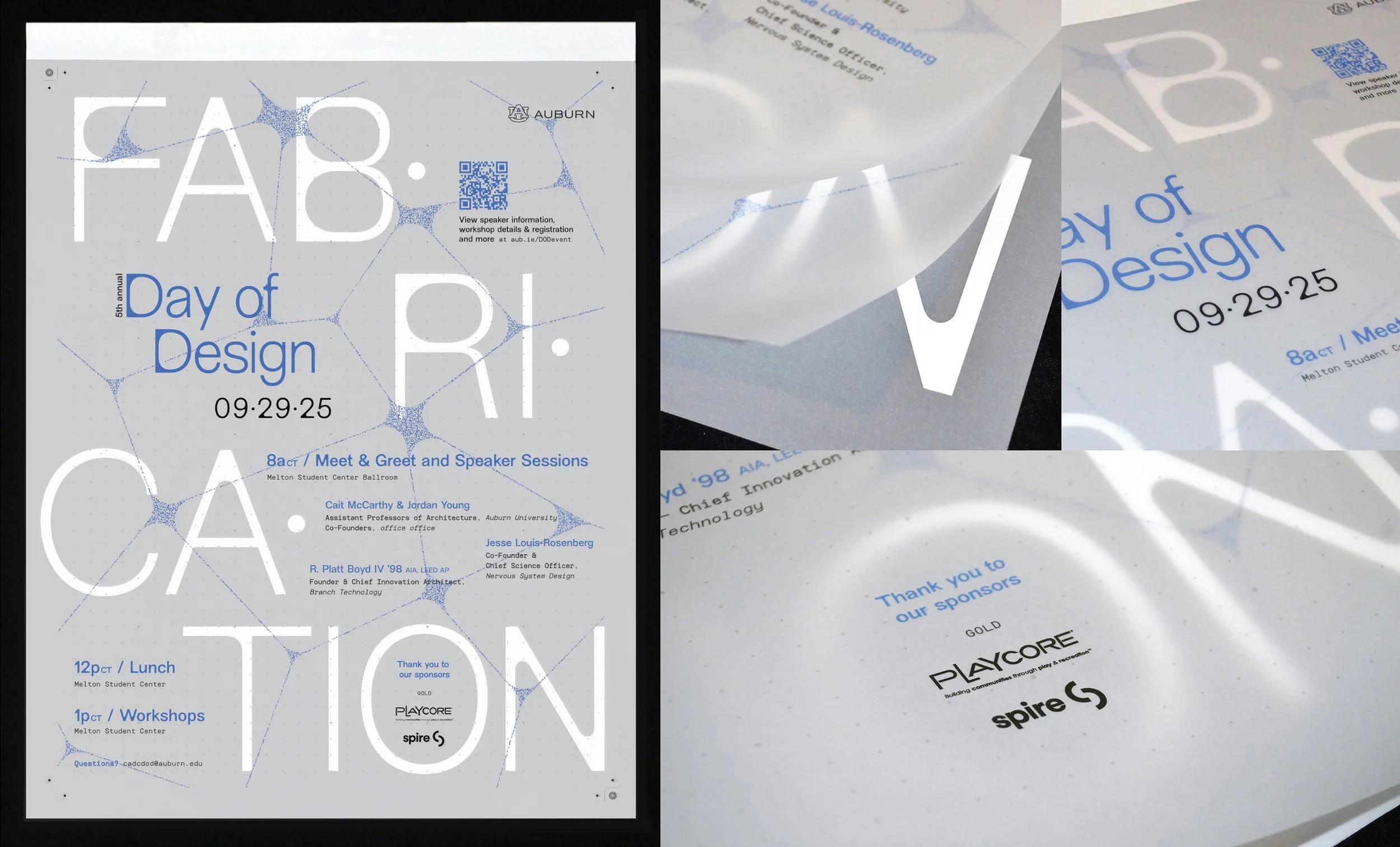   Three layers of translucent vellum invite viewers to physically engage with the act of building, while hand-applied vinyl lettering grounds the composition in material craft. An abstract “webbing” element visualizes the leap from idea to artifact, 