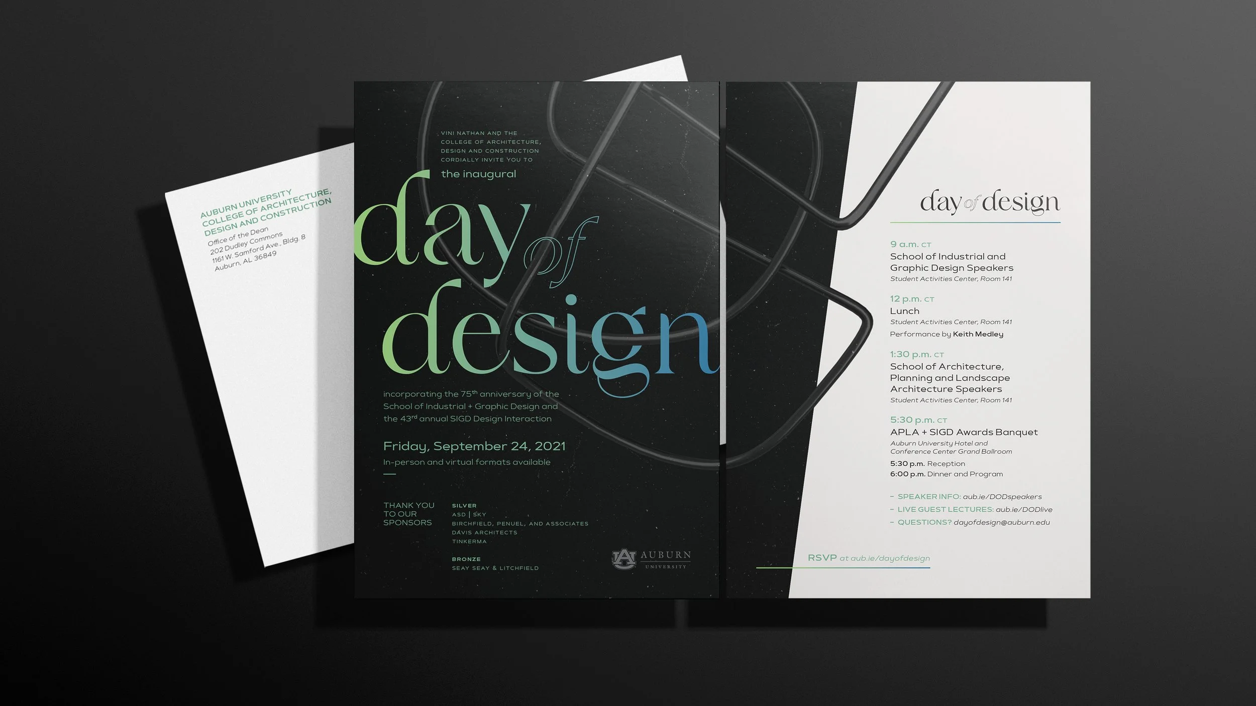   The printed invitation featured a wraparound composition, extending the central graphic element across both sides.  