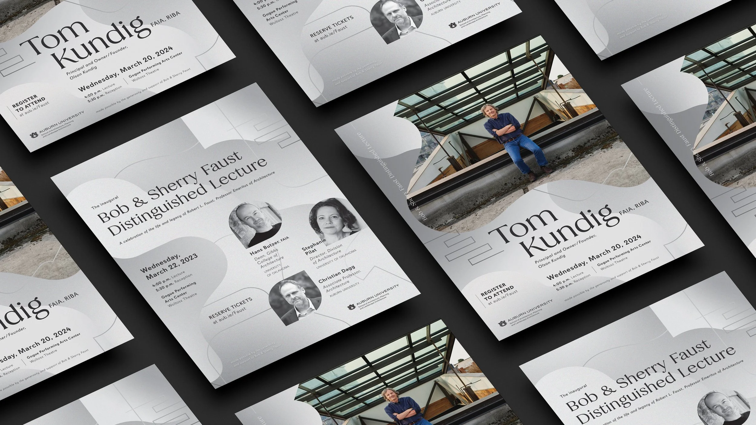   Posters from the first and second years of the lecture demonstrate how the graphic system adapted to different speakers. In the inaugural year, the forms derived from Faust’s work became the primary visual element, both as a background and holding 