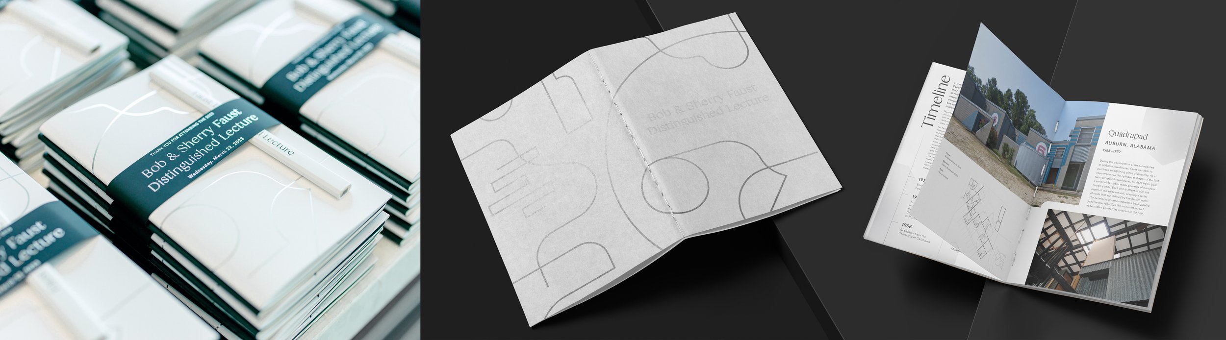   The inaugural lecture’s programs—multi-page booklets showcasing Faust’s work—were wrapped with black bellybands with silver foil. The program cover featured blind debossing of the lecture title, with outlines of the derived geometric forms stamped 